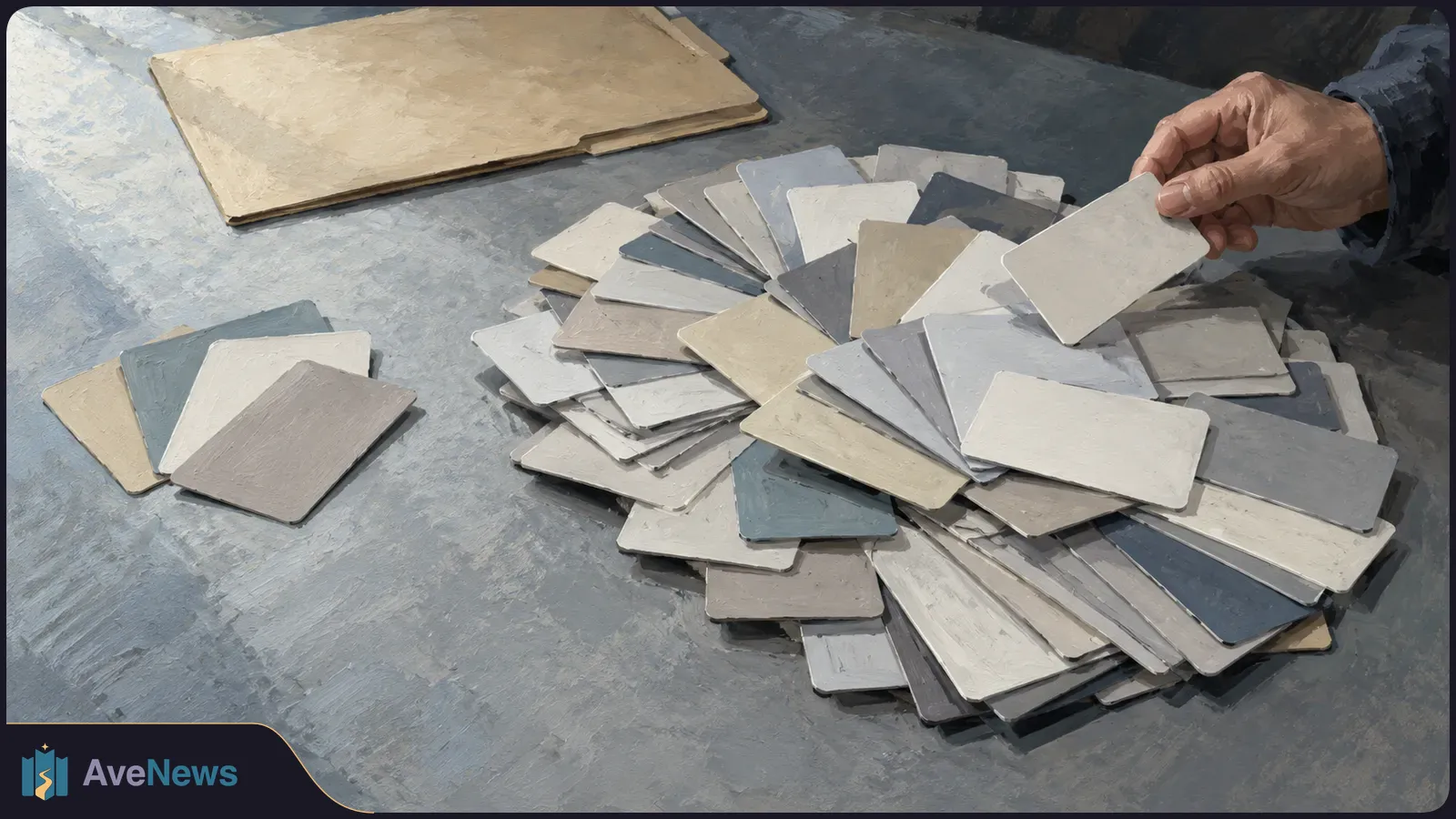 An illustrated hand holds a blank rectangular card above a pile of pale gray and beige cards on a tabletop; a folder and a few separate cards lie nearby. SI illustration