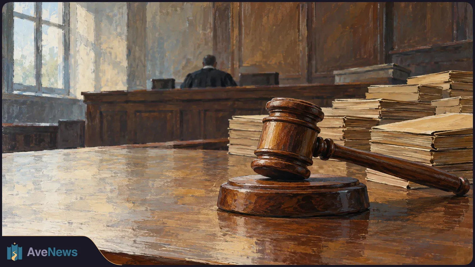 Painted courtroom scene with a wooden gavel on a desk, stacks of papers to the right and a robed figure seated behind a bench. SI illustration