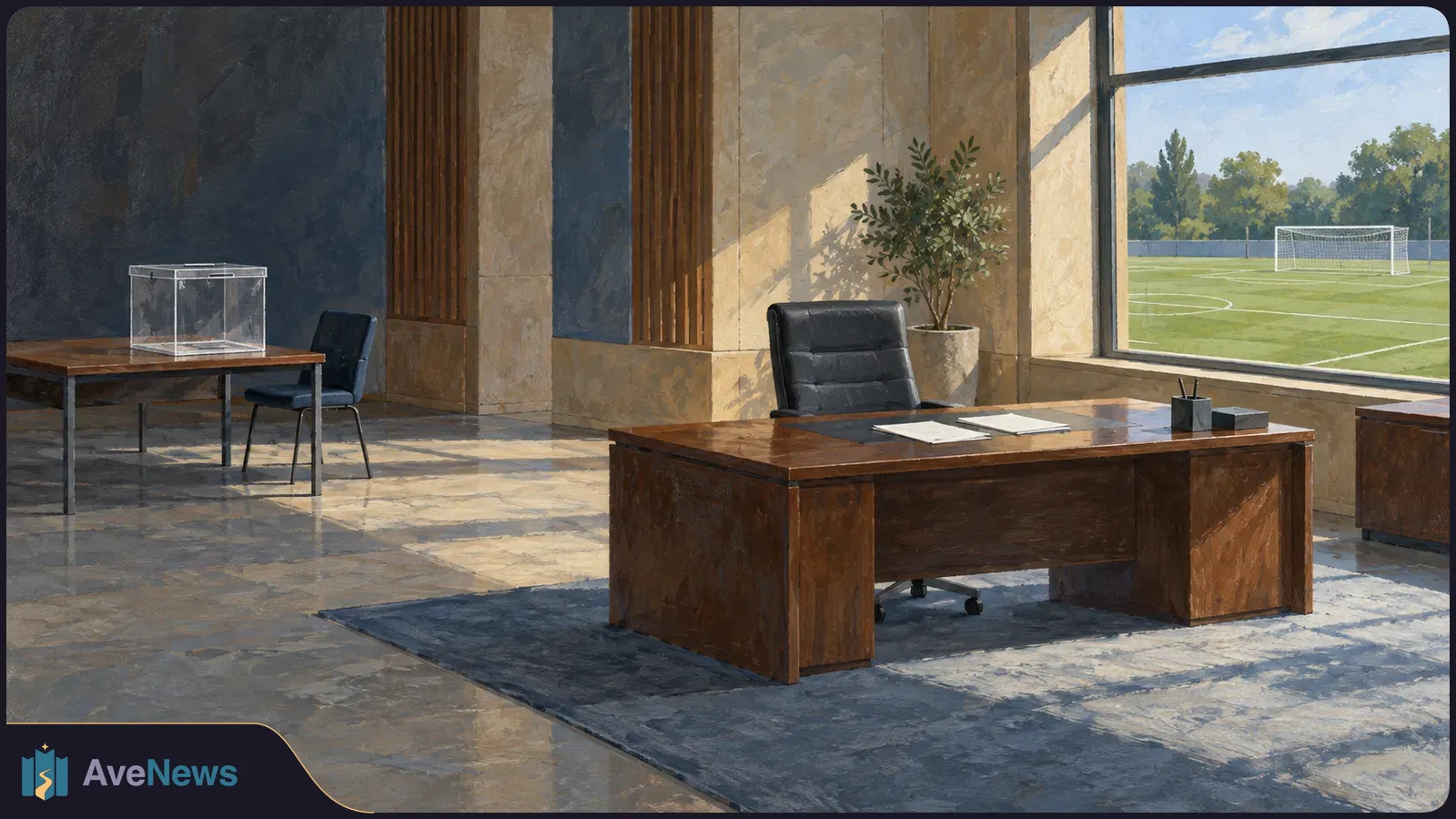 Painted office with a clear ballot box on a side table, papers on a wooden desk, and a football pitch visible through the window. SI illustration