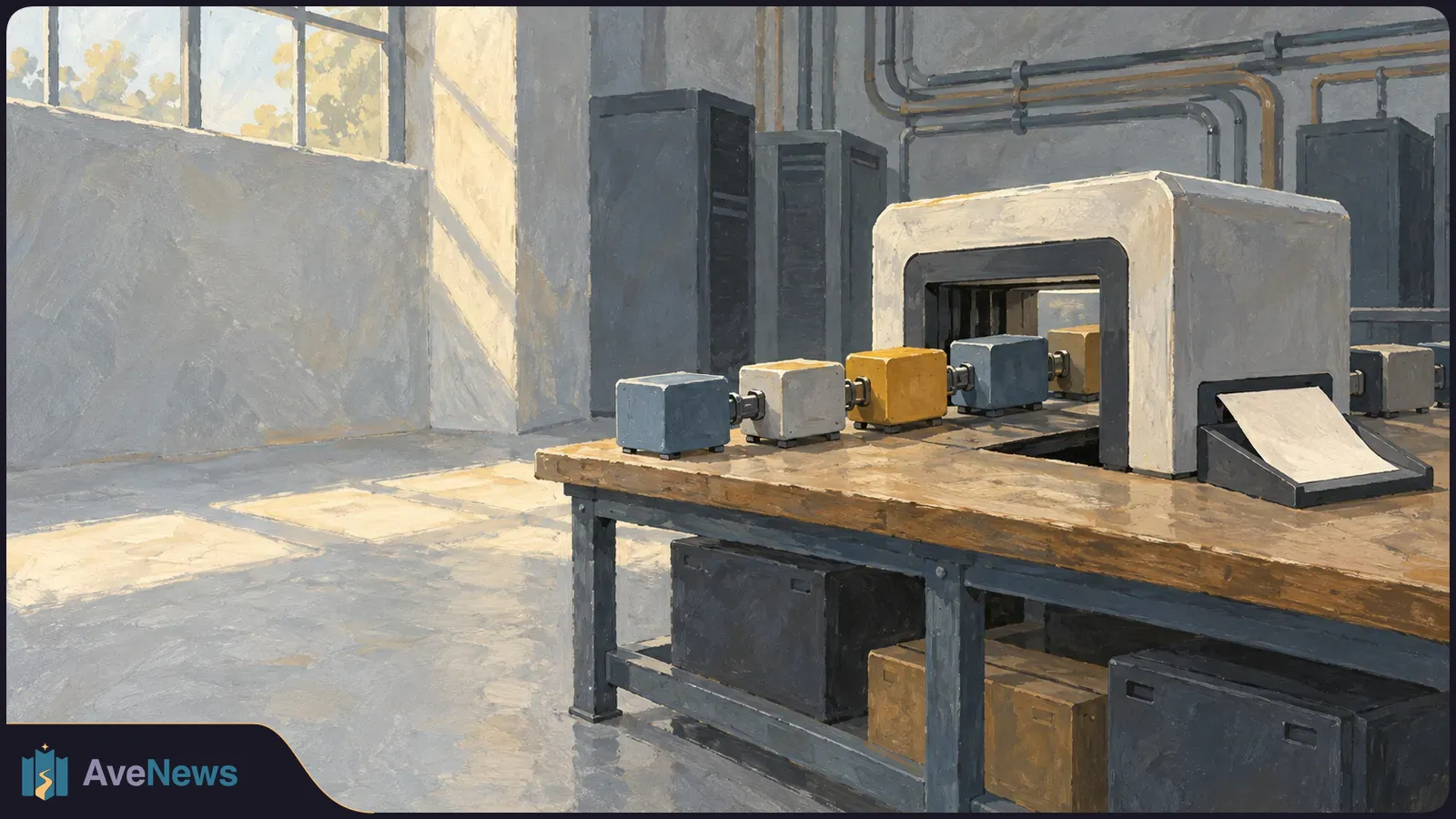 Painterly illustration of small box-like modules lined up before a scanning arch on a workbench in a sunlit industrial room. SI illustration
