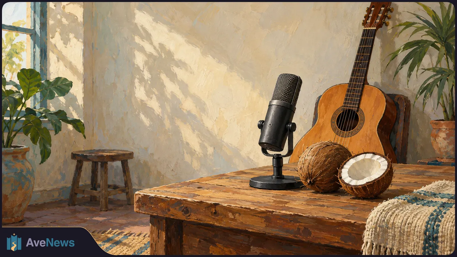 A painted sunlit room with a black tabletop microphone beside whole and halved coconuts on a wooden table; an acoustic guitar and plants stand behind them. SI illustration