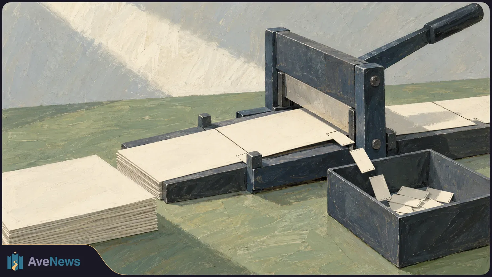 Painted illustration of a hand-operated cutter trimming narrow strips from blank sheets; the offcuts fall into a dark bin beside a stack of paper. SI illustration