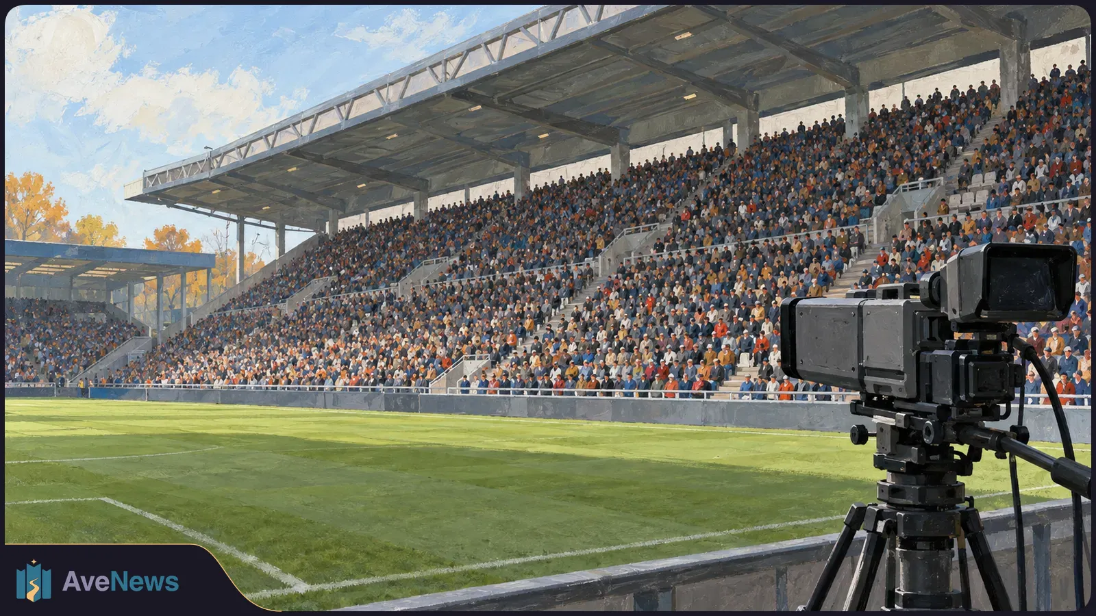 A painted football stadium with packed stands, an empty green pitch and a broadcast camera on a tripod in the foreground. SI illustration