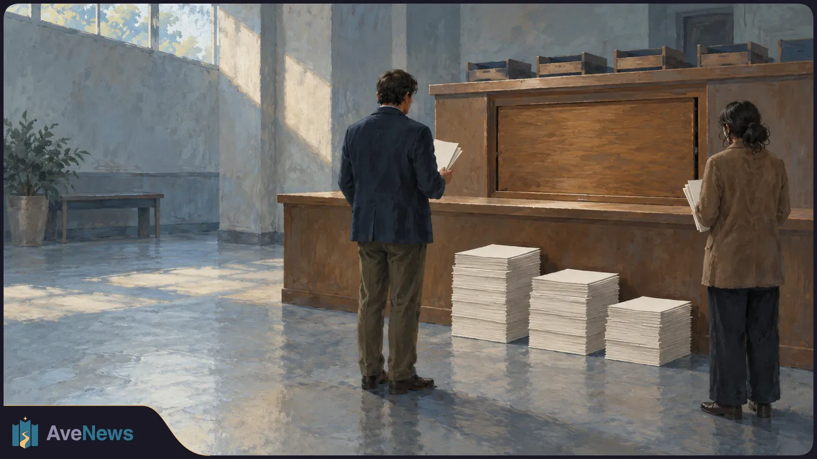 Painted scene of two people holding papers at a wooden counter, with three stacks of white sheets on the floor and sunlight streaming through high windows. SI illustration