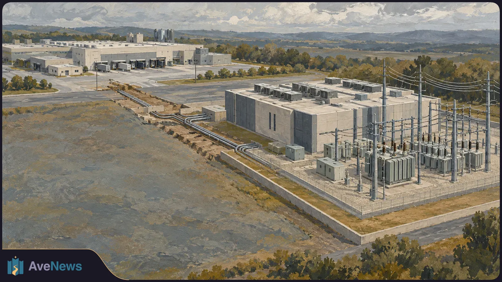 Painted aerial view of an industrial complex with a large equipment building, electrical substation, power lines and warehouse loading bays. SI illustration