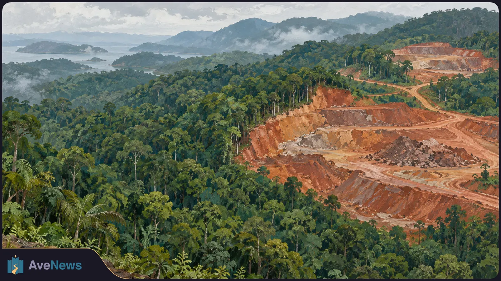 Painted view of dense rainforest beside a terraced red-earth mine, with winding dirt roads, distant water and misty mountains. SI illustration