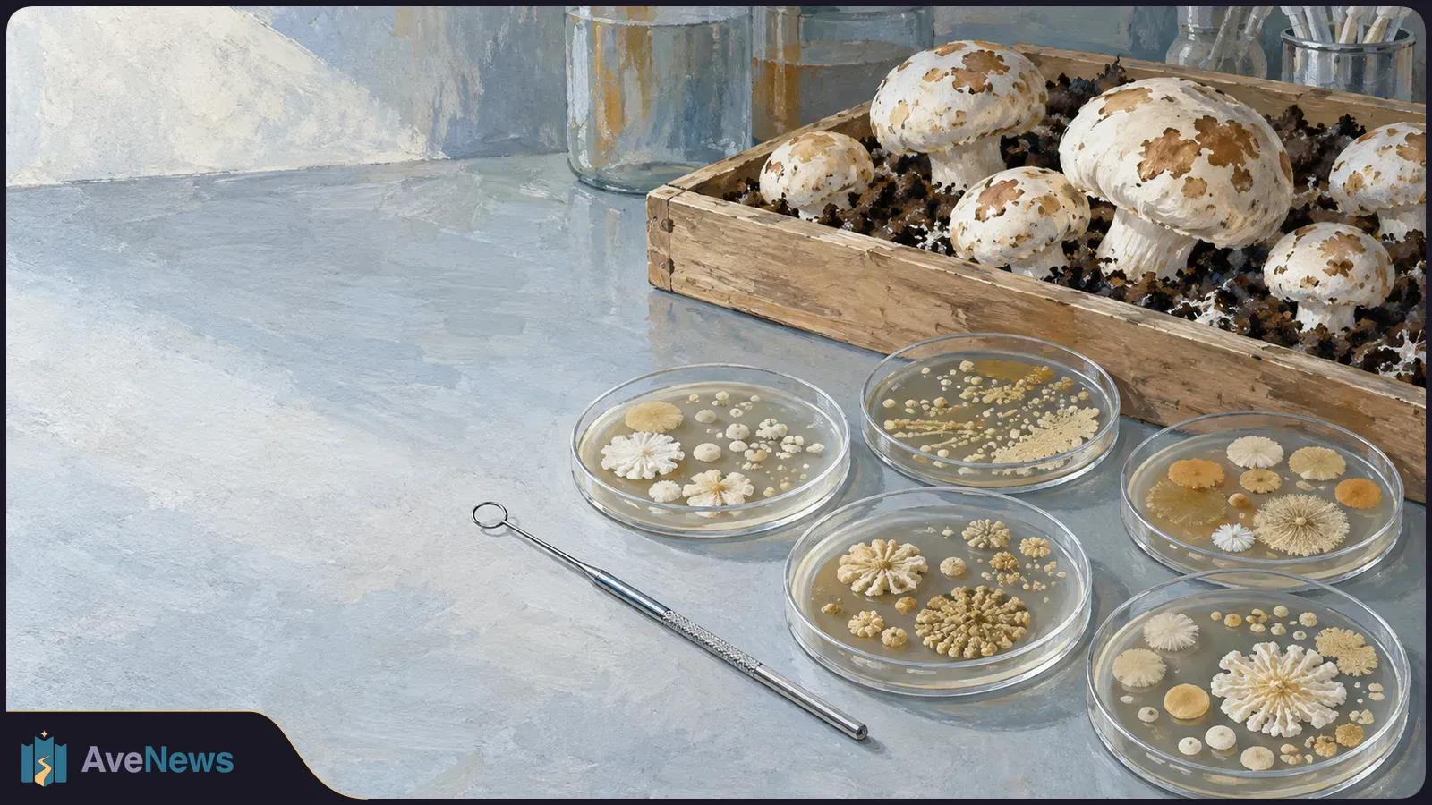 Painted lab scene with brown-blotched white mushrooms in a wooden tray, five petri dishes holding varied colonies, and a metal loop on the workbench. SI illustration