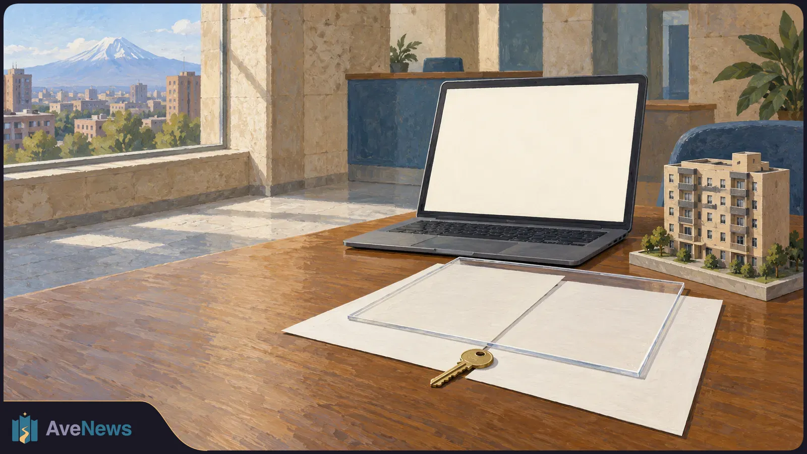 Painted office scene with a blank laptop, a key on blank sheets, and a model apartment building on a desk; a city and snow-capped mountain appear through the window. SI illustration