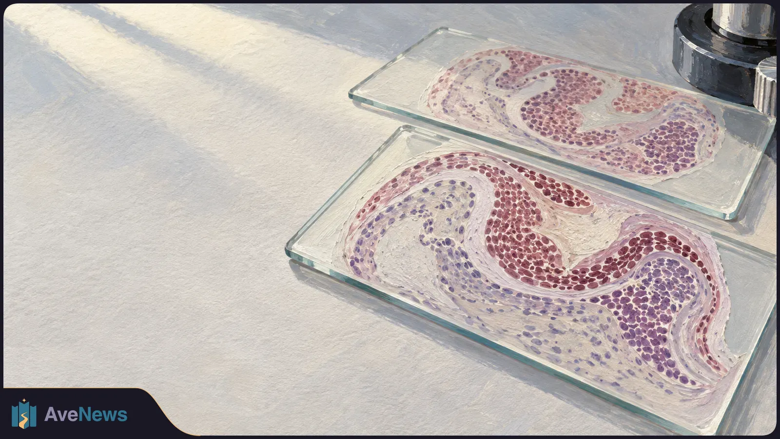 Two glass slides hold pink and purple stained tissue sections on a pale surface, with part of a metal instrument at the upper right. SI illustration