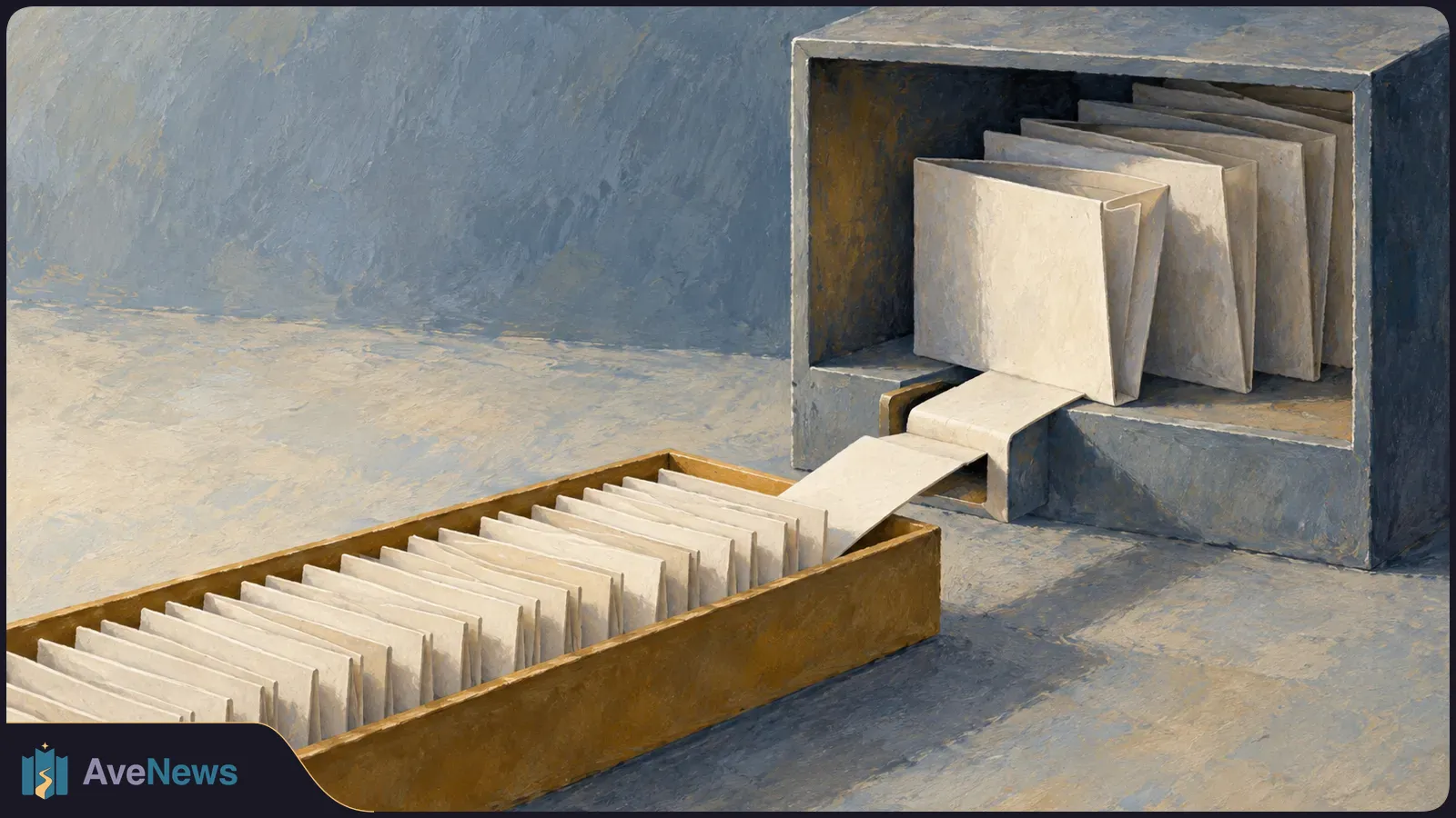 Painterly illustration of pale envelopes in a gray open box, with a strip of paper extending to a long brown tray filled with more envelopes. SI illustration