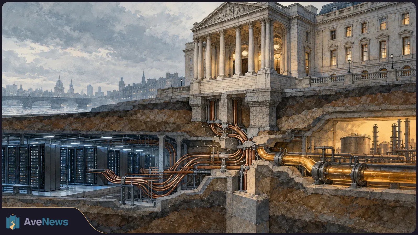 Painterly cutaway of a columned building above server racks and copper pipes, with industrial tanks to the right and a riverside skyline beyond. SI illustration