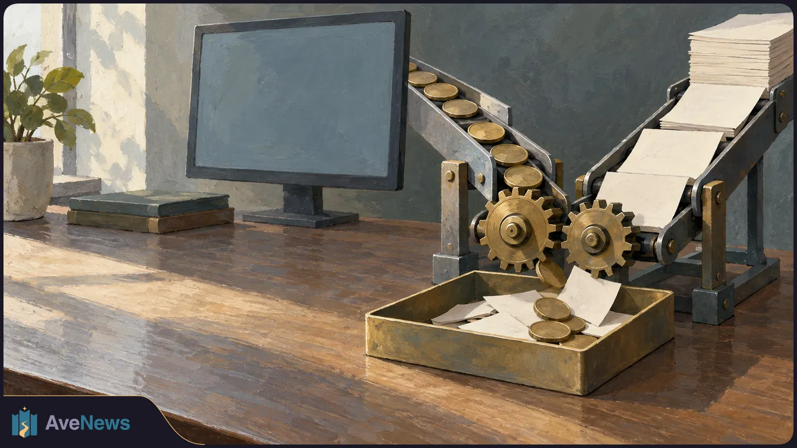 Painted illustration of coins and blank sheets moving along two conveyors toward gears and a tray beside a blank monitor on a wooden desk. SI illustration