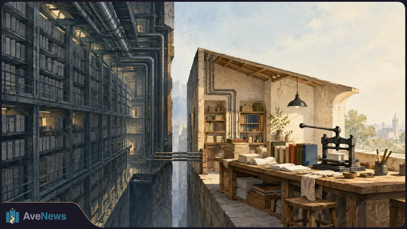 A sunlit book workshop with stacks of books and a hand press faces a vast, shadowy archive of shelves and pipes across a narrow gap. SI illustration