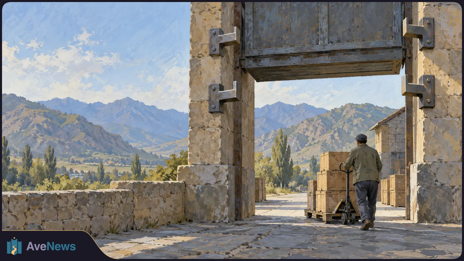Painted scene of a worker pushing crates on a pallet jack through an open stone gateway, with mountains and trees beyond. SI illustration