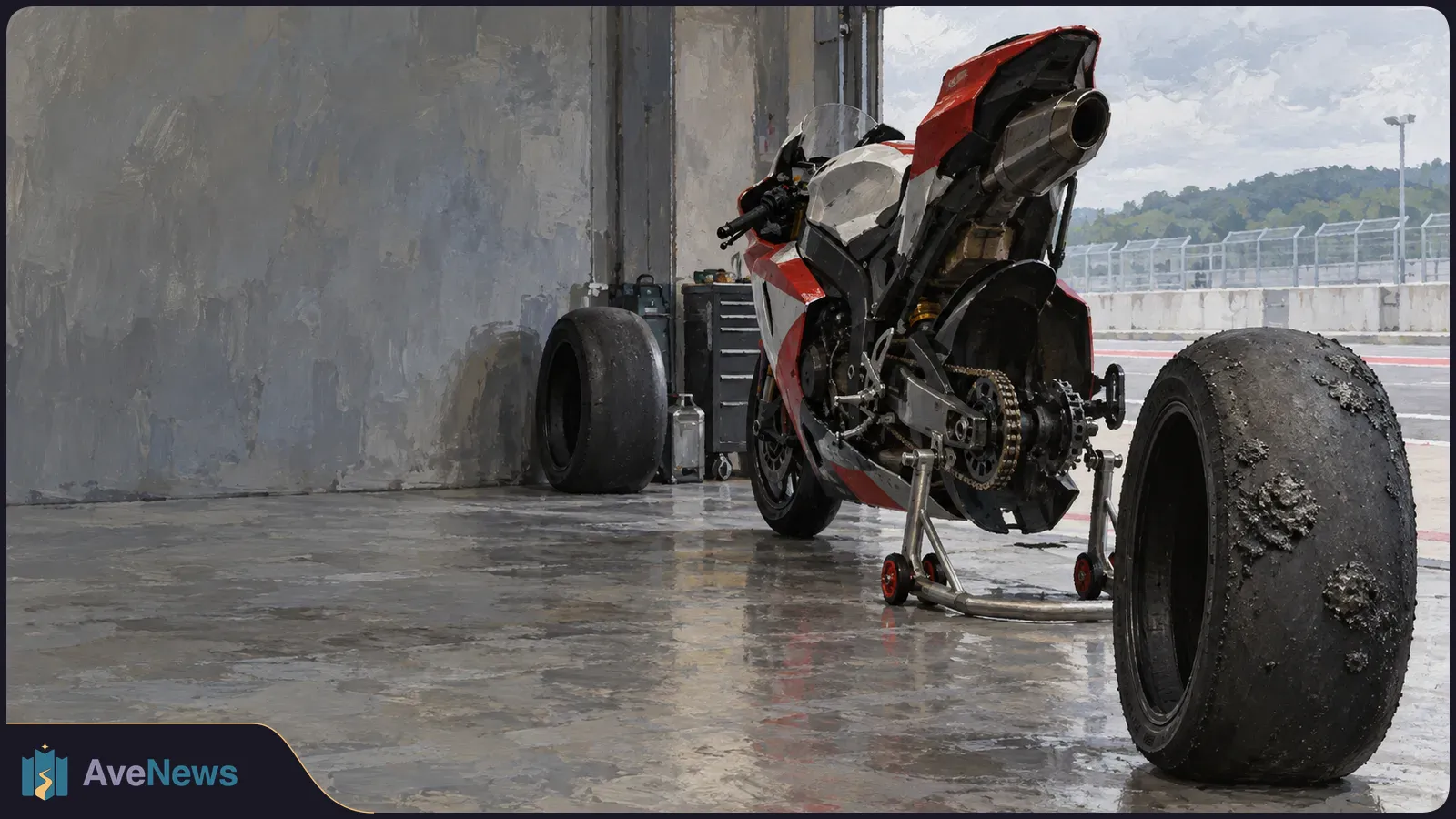 A red and white racing motorcycle sits on a stand in a pit garage beside a detached slick rear tyre with a badly blistered, lumpy surface. SI illustration