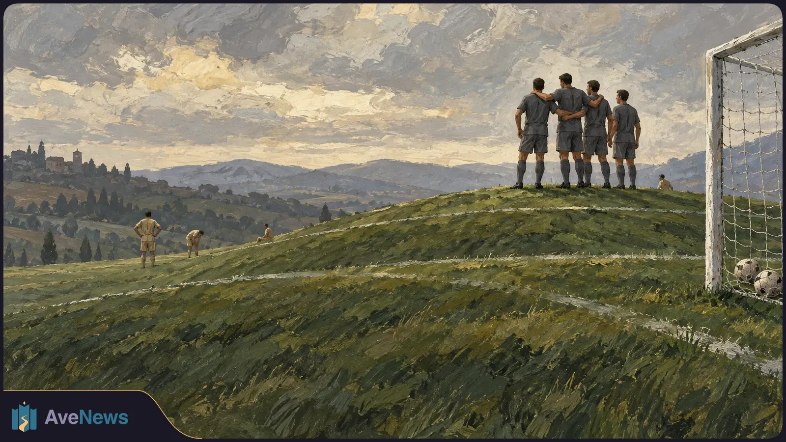 Painterly view of four footballers in dark kits standing arm in arm on a grassy pitch, with other players in the distance and a goal with two balls at right. SI illustration