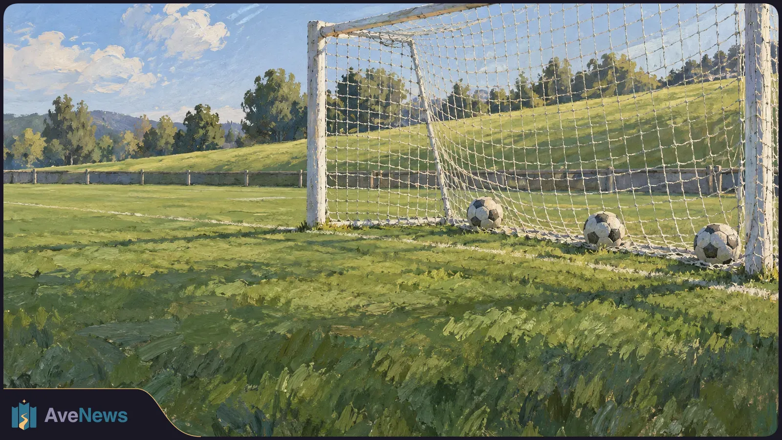 Painted football field with a white goal and three footballs resting along the net; trees and grassy hills rise beyond it. SI illustration