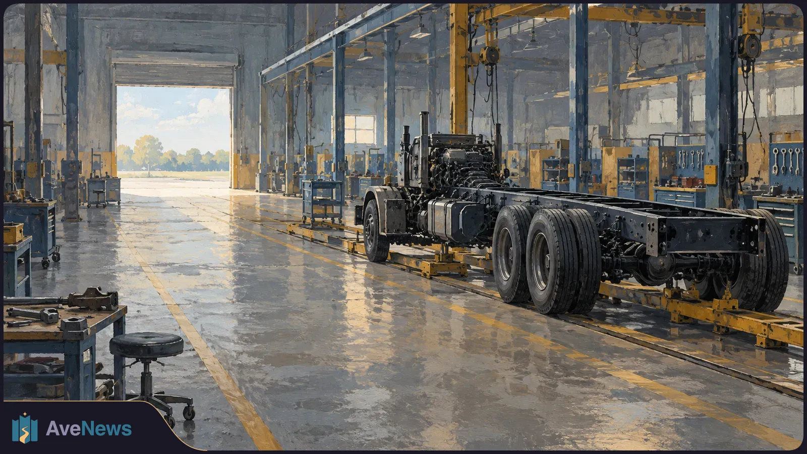 A partly assembled truck chassis stands on a factory line beneath overhead cranes, with tool stations along the walls. SI illustration