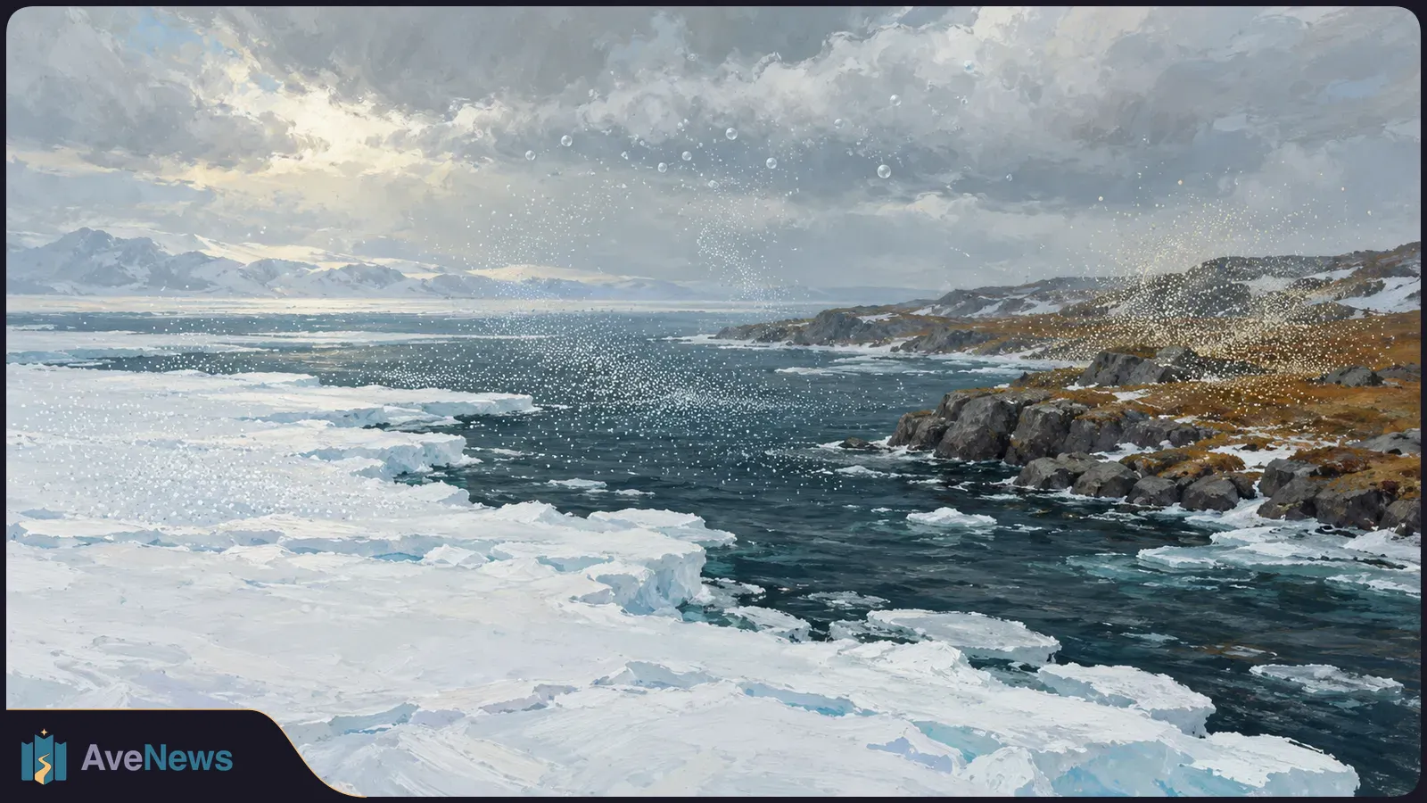 Painted Arctic coast with sea ice, open water and rocky tundra beneath storm clouds; fine bright particles drift across the scene. SI illustration