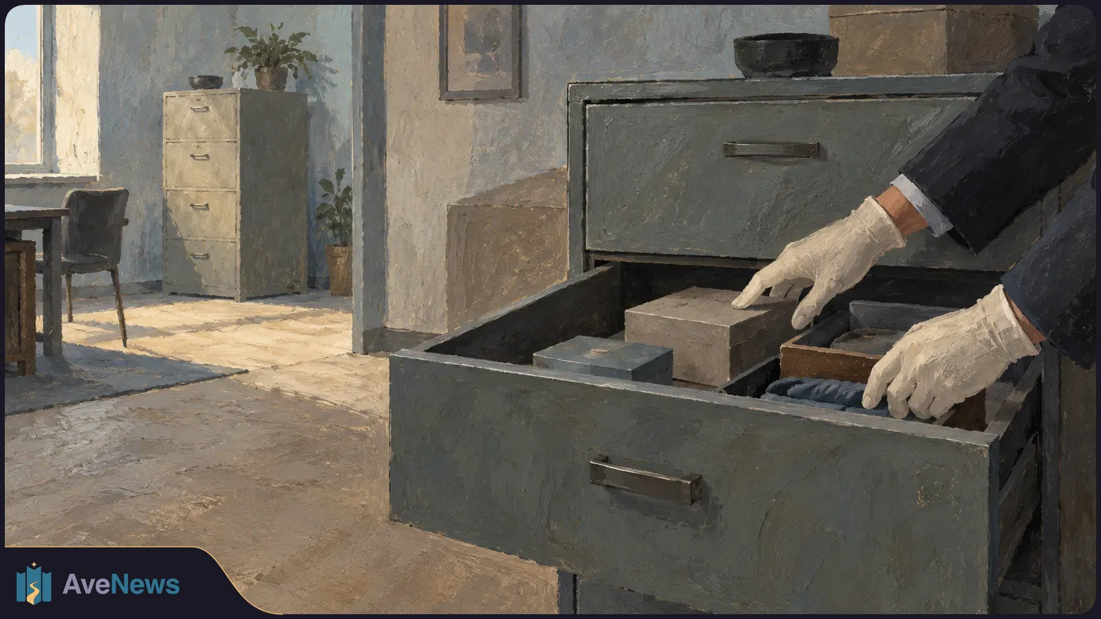 Painted office scene with white-gloved hands examining boxes and papers in an open filing cabinet drawer; a desk, chair and another cabinet stand behind. SI illustration