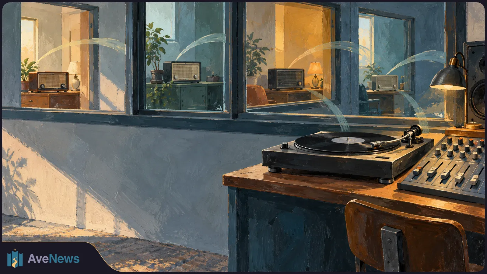 Painted radio studio with a turntable and mixing console in the foreground; vintage radios sit behind windows, linked by pale arcs suggesting sound. SI illustration