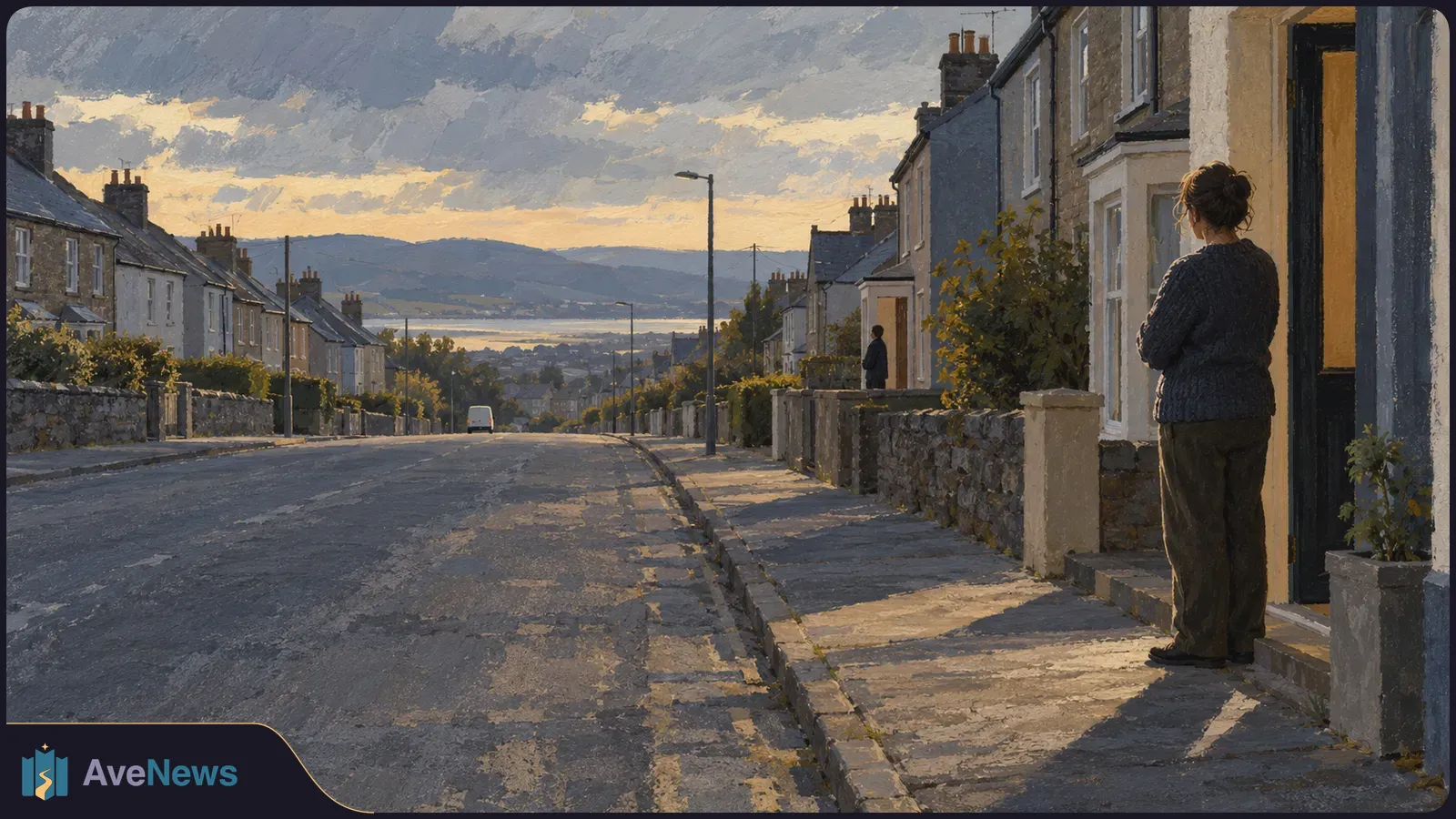 A painted view of a quiet residential street at dusk, with a woman standing by a doorway, rows of houses, a distant van and hills beneath a cloudy sky. SI illustration