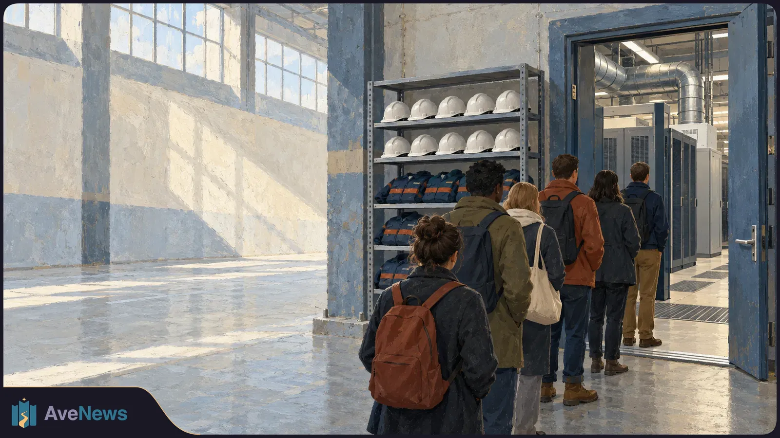 People with backpacks line up beside shelves of white hard hats to enter a room of server cabinets in a sunlit industrial building. SI illustration
