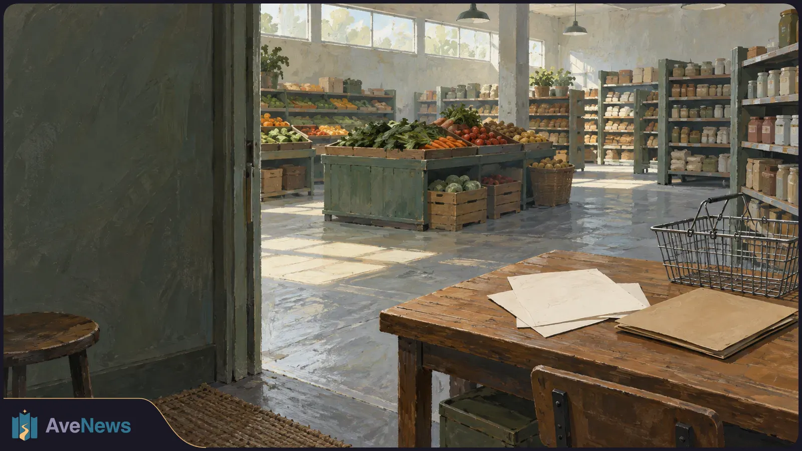 Painted view of an empty grocery store, with produce bins and stocked shelves beyond a wooden table holding blank papers, a folder and a wire basket. SI illustration