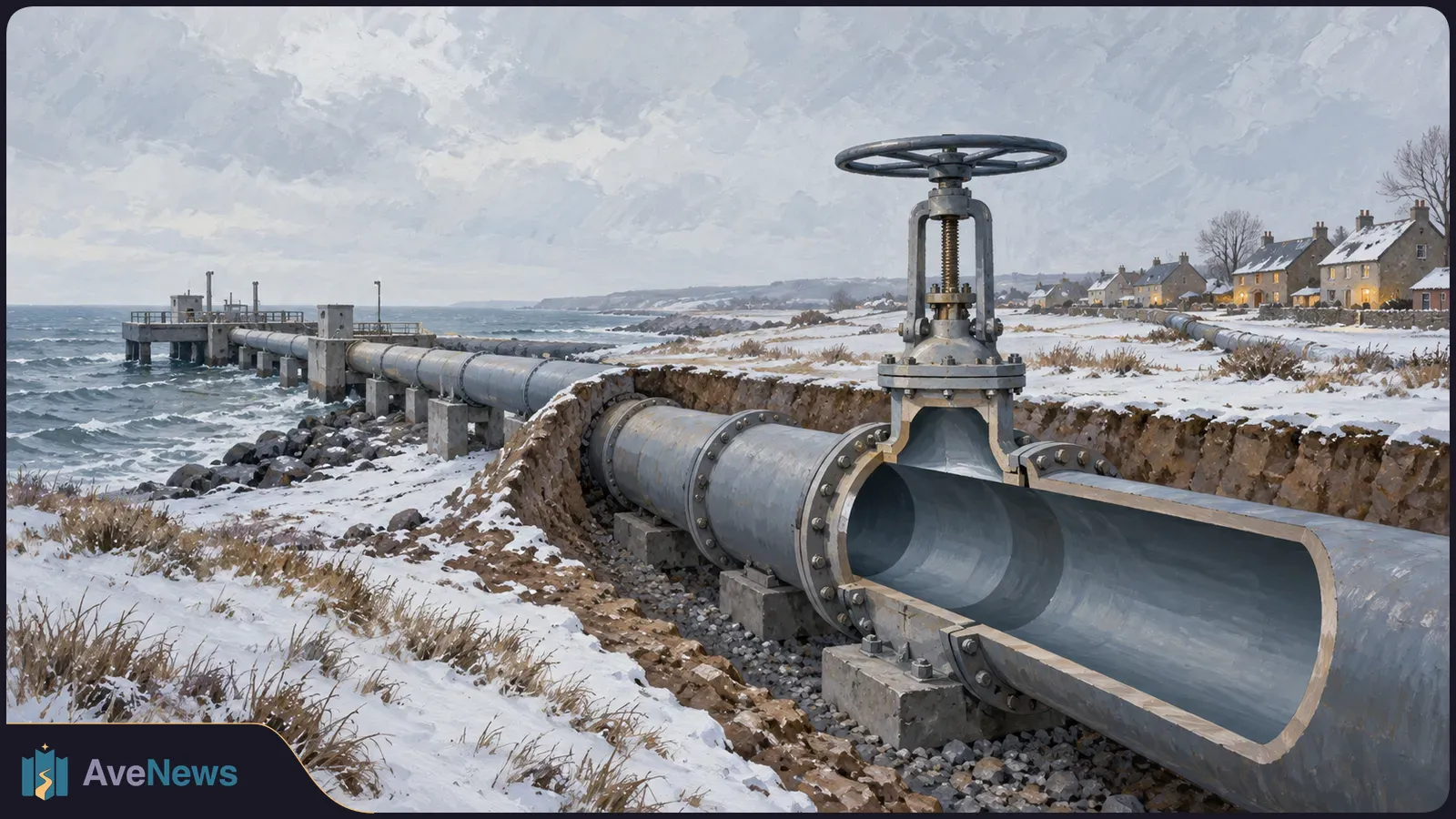 Illustration of a large gas pipeline with a valve and cutaway section beside a snowy coast; a pier extends into the sea and houses stand in the distance. SI illustration