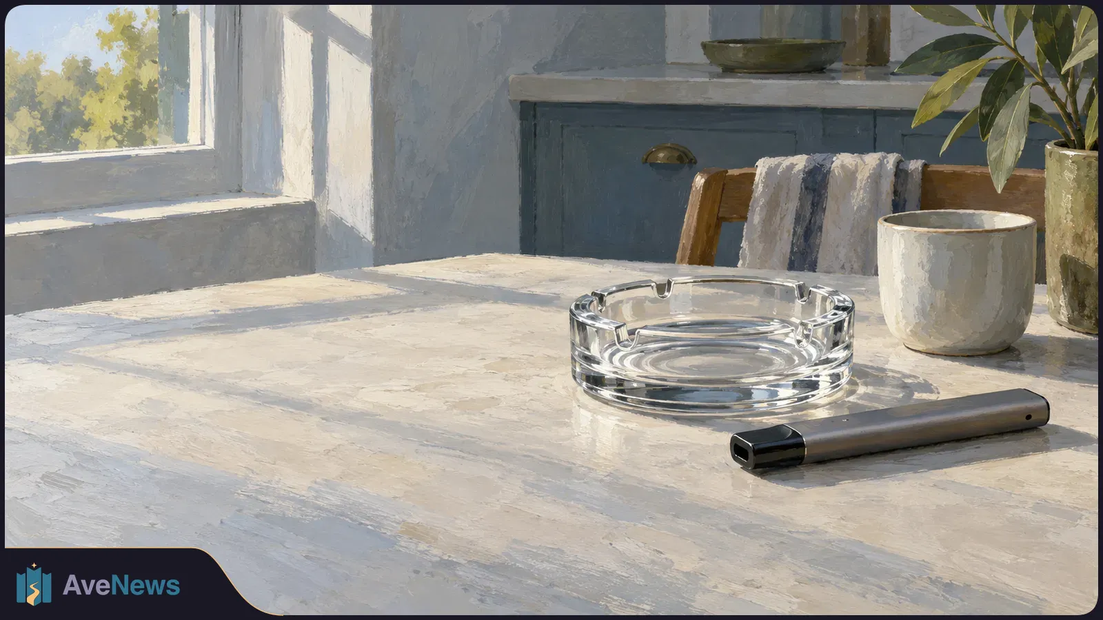 Painterly illustration of a vape pen beside an empty glass ashtray on a sunlit table, with a mug and potted plant nearby. SI illustration