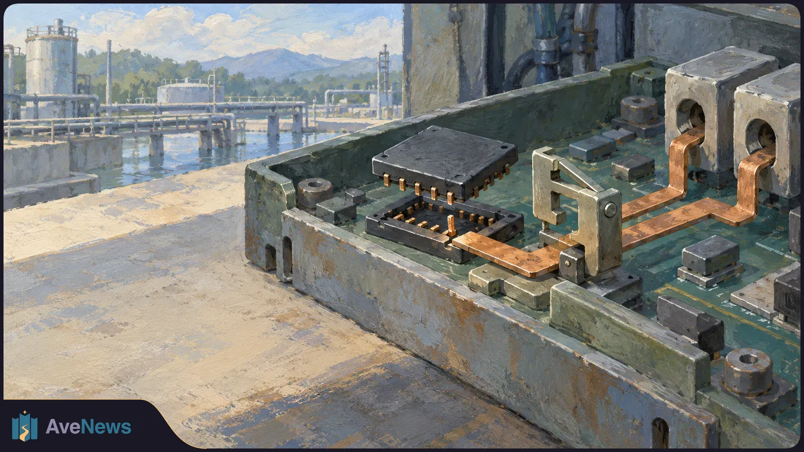 Painted illustration of a circuit board with a raised chip and copper connections in the foreground; industrial tanks and pipes sit beside water in the background. SI illustration