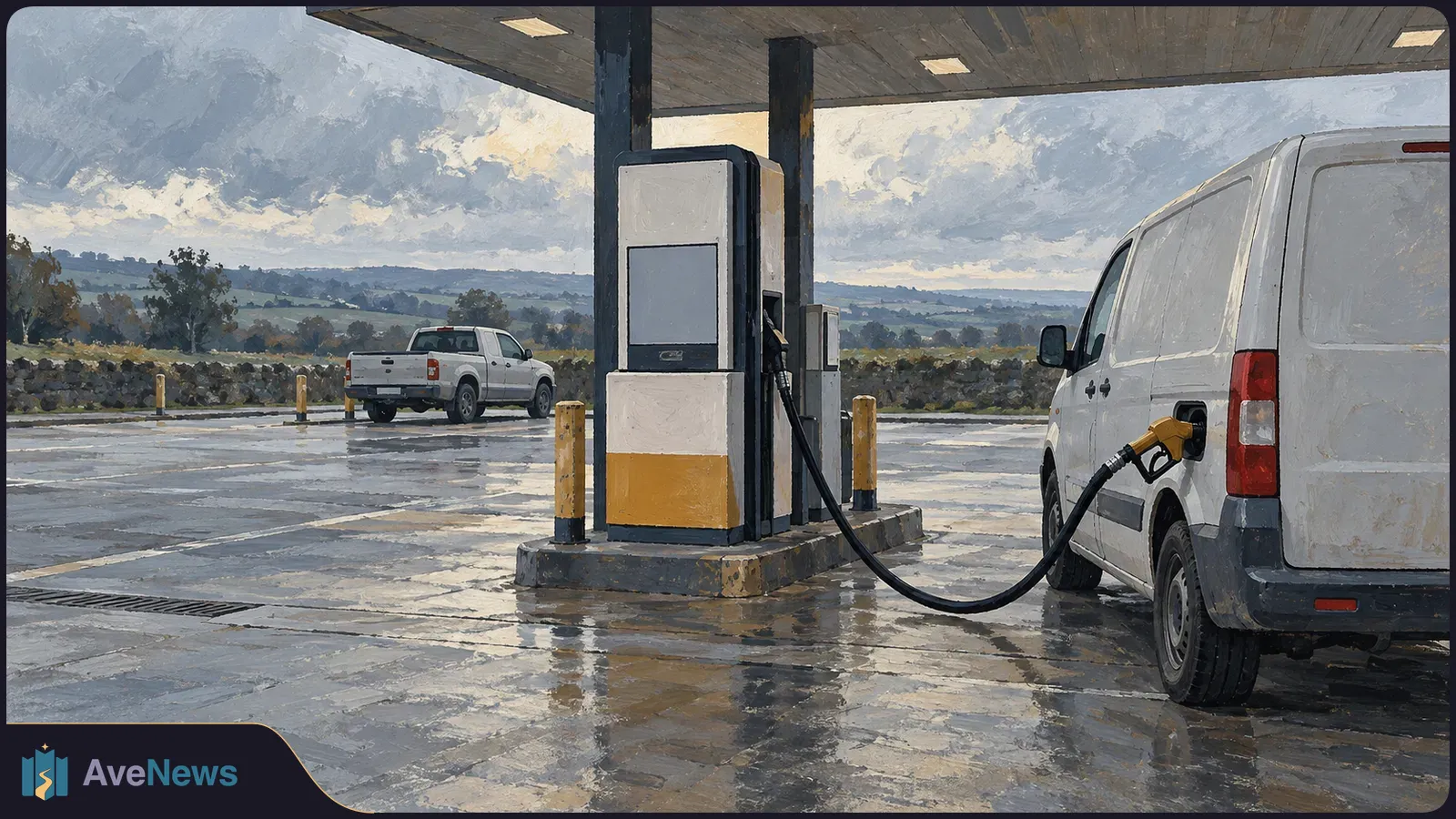 A fuel nozzle connects a pump to a white van on a wet forecourt. A pickup truck stands in the background beneath cloudy skies. SI illustration