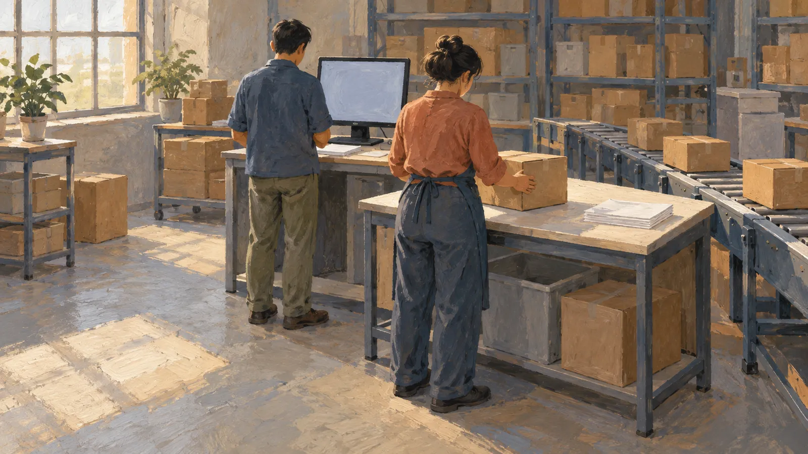 Illustration of two workers in a sunlit packing area: one handles a box at a table while the other stands at a computer, surrounded by shelves and a conveyor of parcels. SI illustration