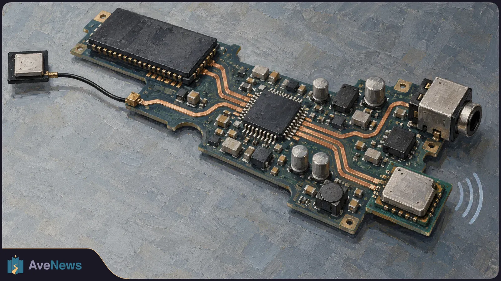 Illustration of a green circuit board with black chips, copper traces, a cable on the left and an audio jack on the right, against a textured gray background. SI illustration