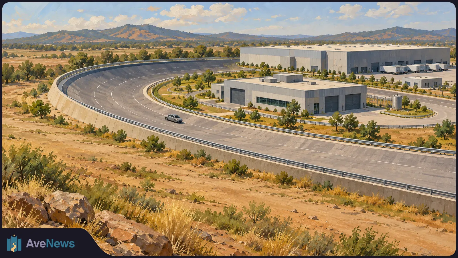 Painted aerial view of a car on a curved test track beside large industrial buildings, with dry hills in the distance. SI illustration