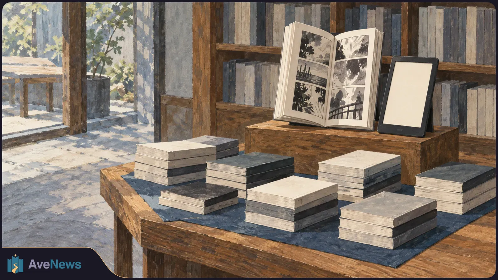 Painterly bookstore scene with stacks of books, an open black-and-white comic and a blank e-reader on display before bookshelves and a sunlit window. SI illustration