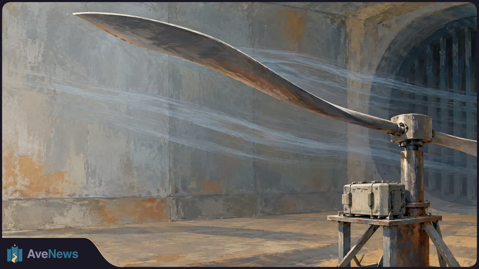 Illustration of a long, thin rotor blade mounted on a metal test rig, with pale airflow streaks crossing a concrete-walled room. SI illustration
