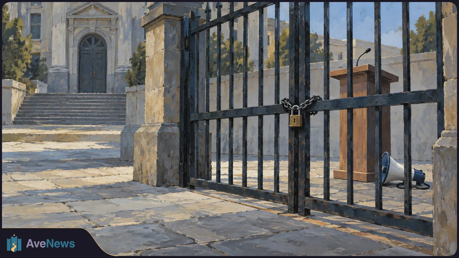 Painted scene of a chained, padlocked iron gate outside a stone building with steps and double doors; a wooden lectern and megaphone stand inside the courtyard. SI illustration