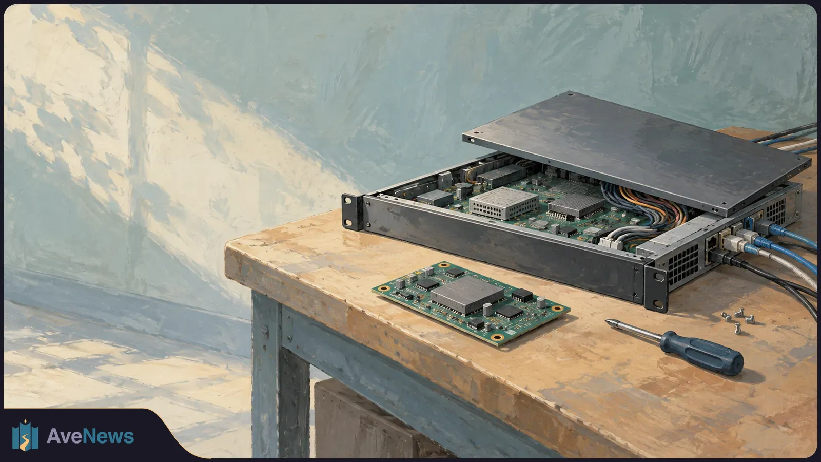 An open network appliance sits on a workbench with its circuit board and cables exposed. A loose board, screwdriver and screws lie beside it. SI illustration