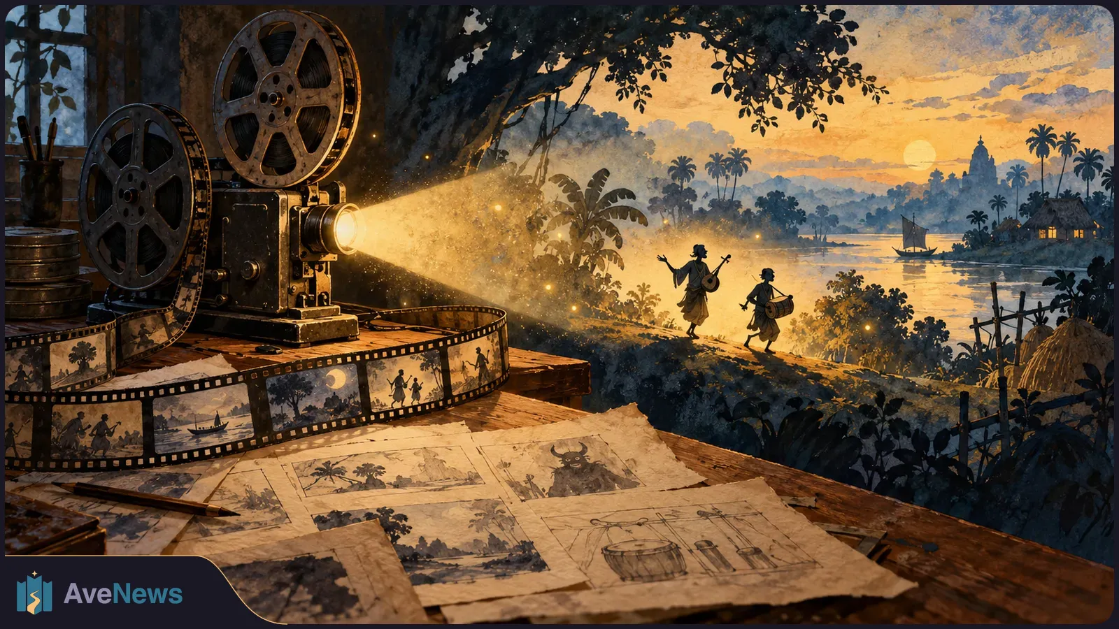 Illustrated film projector casts light toward two musicians walking beside a river at sunset; a filmstrip and sketches lie across the table. SI illustration