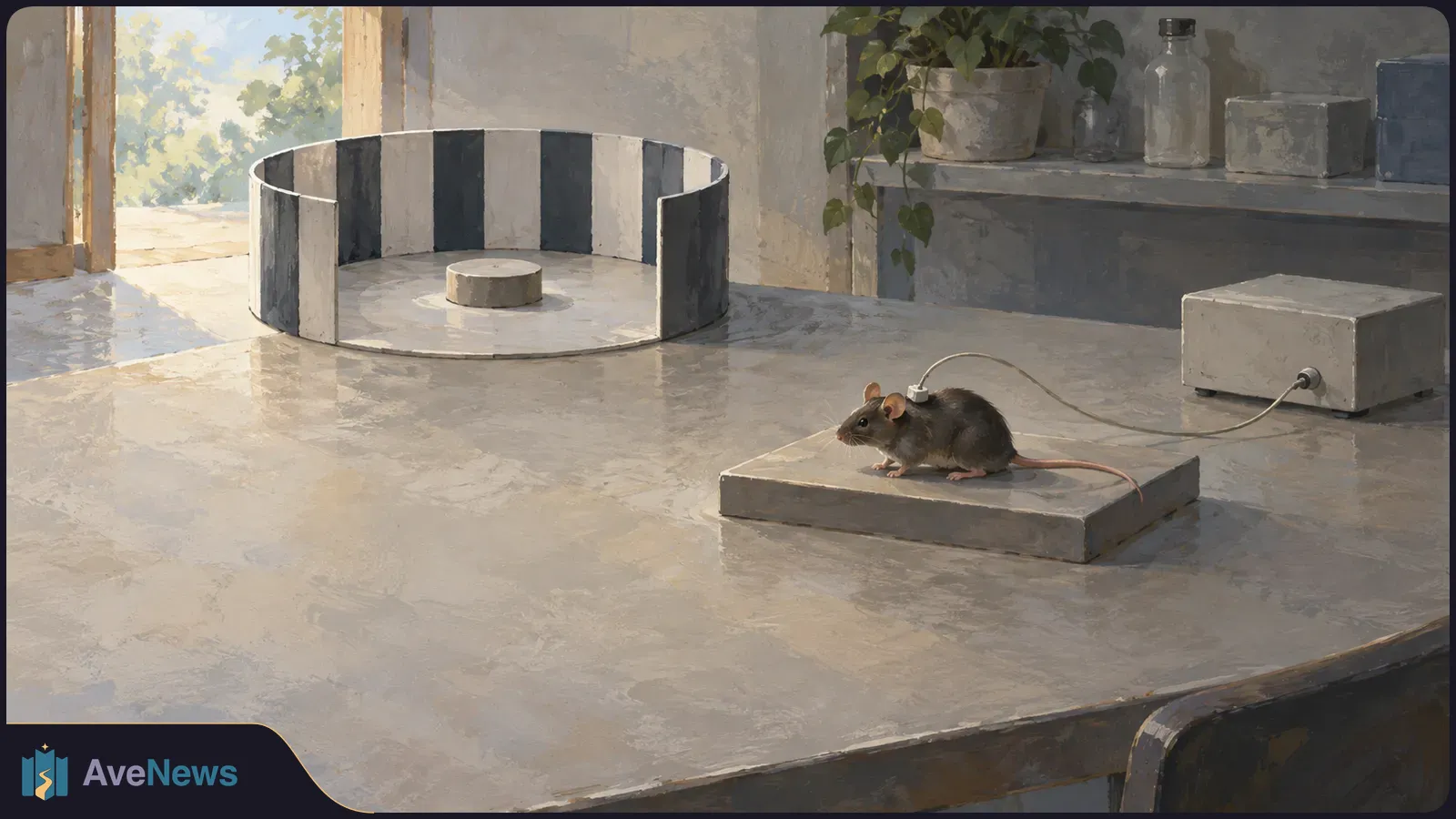 A painted scene shows a mouse on a platform with a wire attached to its back and leading to a box. A striped circular apparatus stands behind it. SI illustration