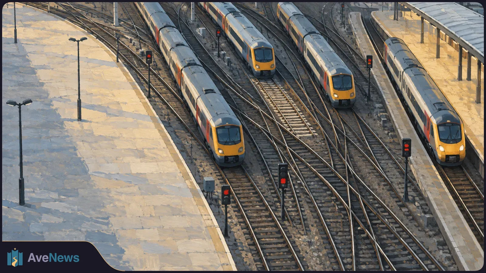 Overhead illustration of four yellow-front passenger trains on converging station tracks, with red signals and empty platforms. SI illustration
