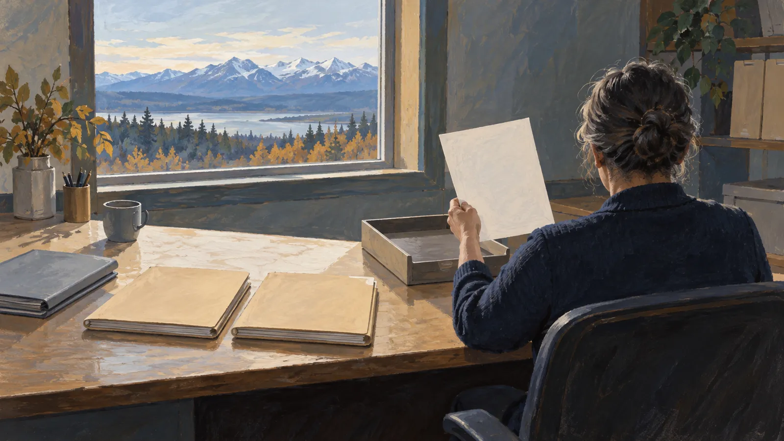 Illustration of a person holding a blank sheet at a desk with folders and a mug, facing a window overlooking a lake, autumn trees and snowy mountains. SI illustration