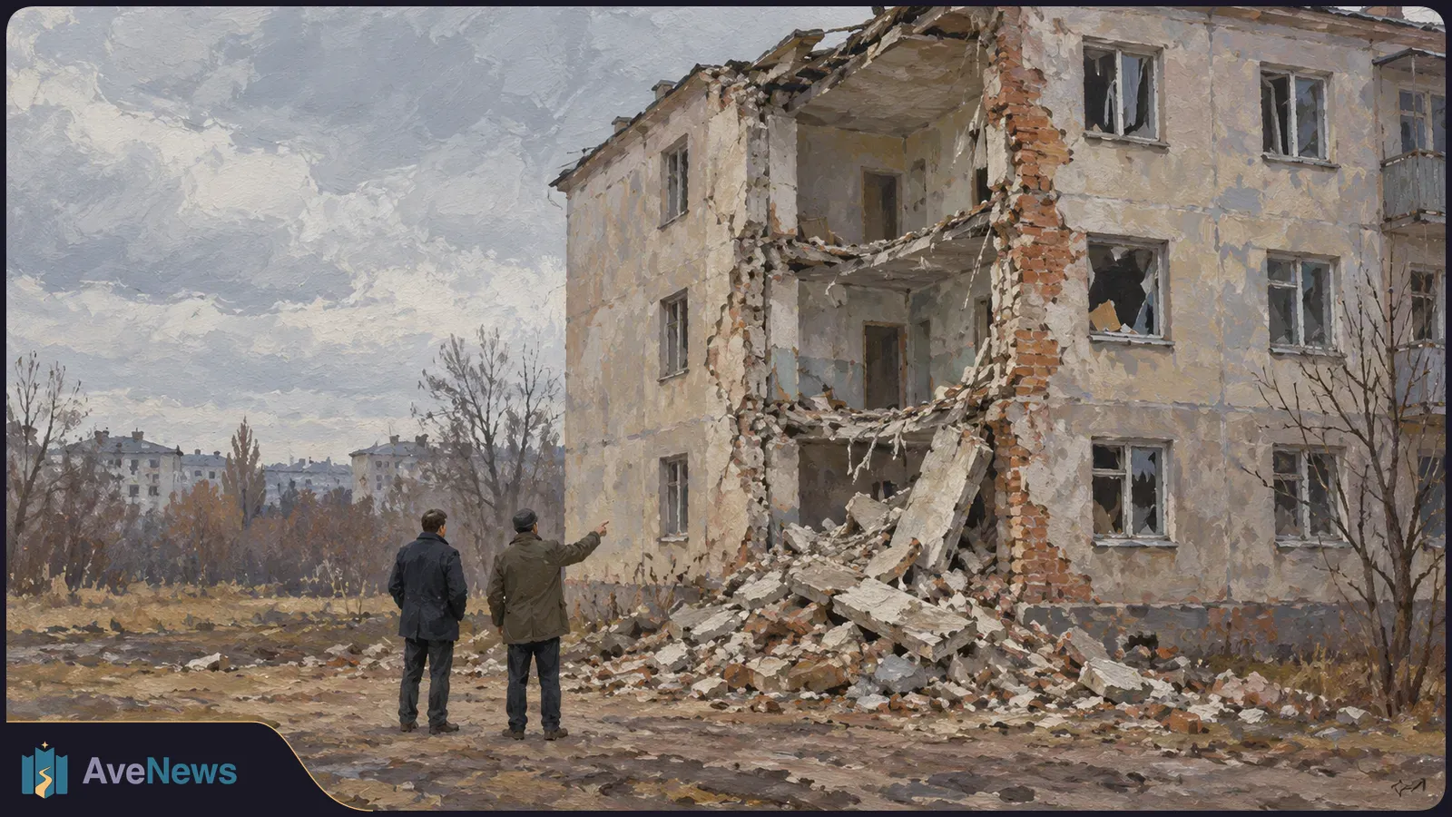 Painted scene of two people standing before a partially collapsed apartment building with shattered windows and piles of rubble under a cloudy sky. SI illustration