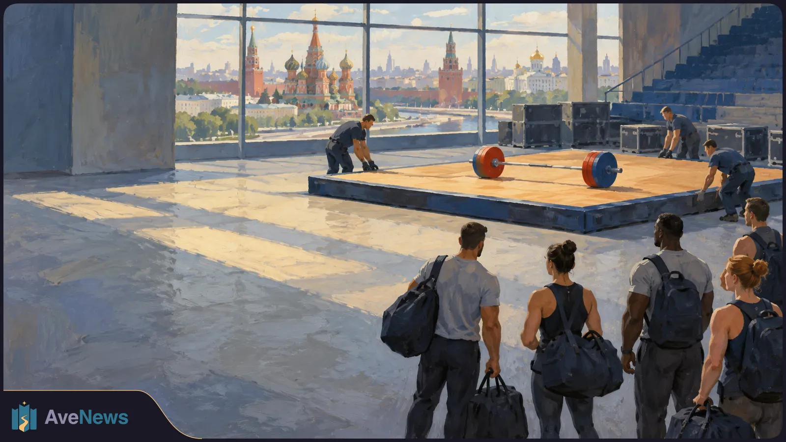 Painted scene of people setting up a weightlifting platform and barbell in an arena as others carrying bags approach; Moscow landmarks appear through tall windows. SI illustration