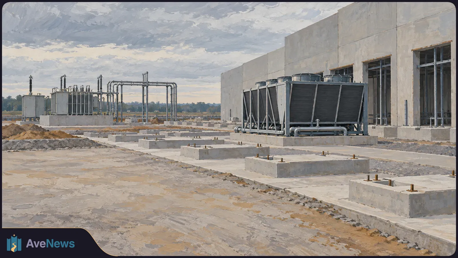 Painted construction site with a large concrete building, cooling equipment, transformers, pipes and unfinished concrete pads beneath a cloudy sky. SI illustration