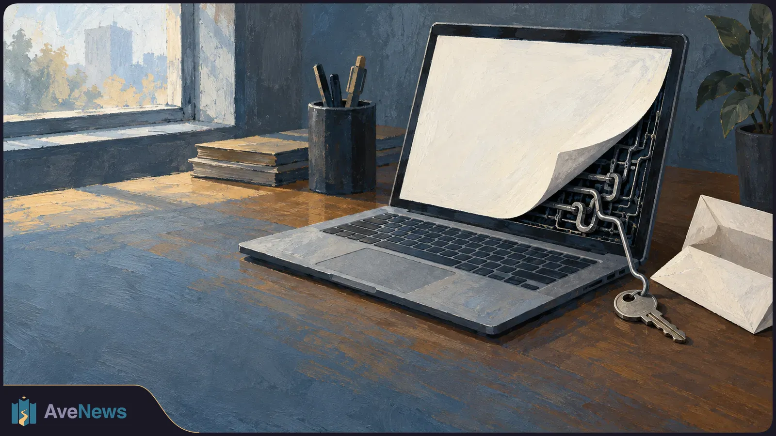 A painted laptop on a desk has a blank white screen peeling back to reveal circuitry. A wire from the circuitry ends at a key beside an envelope. SI illustration