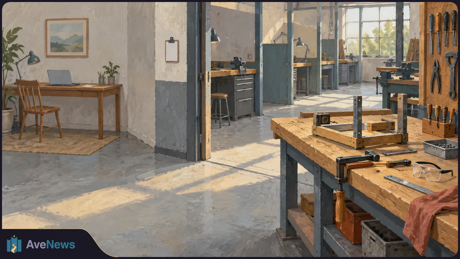 Painted workshop interior with a laptop on a desk beside a doorway to workbenches. Tools, a wooden frame and safety glasses sit on a bench in the foreground. SI illustration