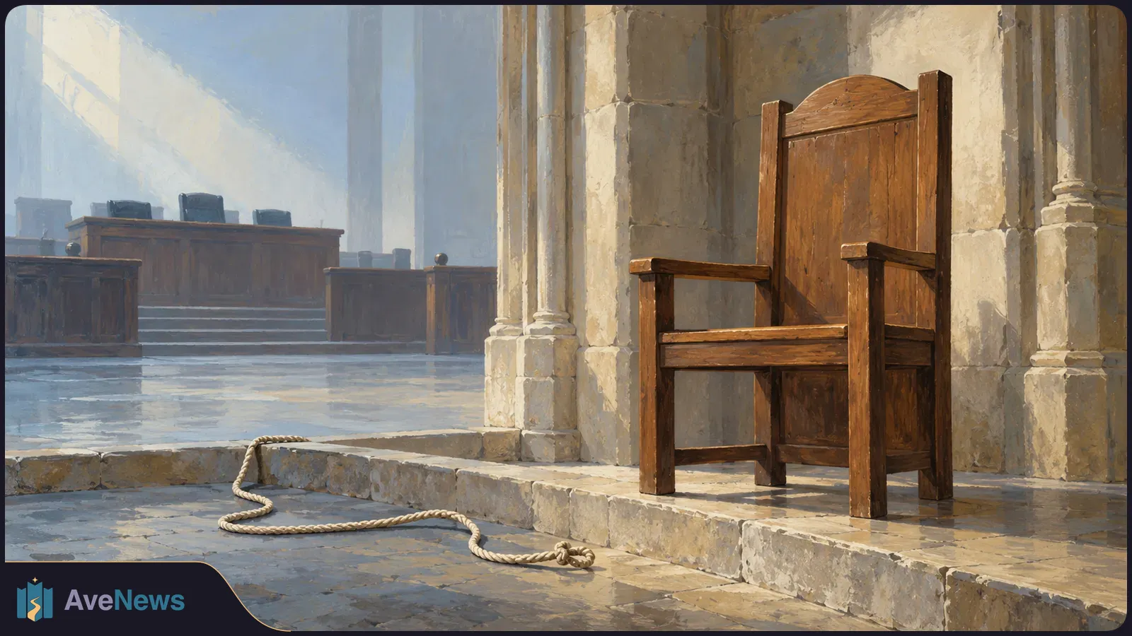 Painterly stone hall with an empty wooden chair on a raised step, wooden benches in the background, and a loose rope across the floor. SI illustration
