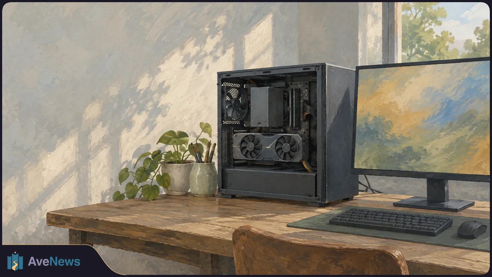 Painterly illustration of an open desktop computer beside a monitor showing an abstract landscape, with a keyboard, mouse and potted plant on a sunlit wooden desk. SI illustration